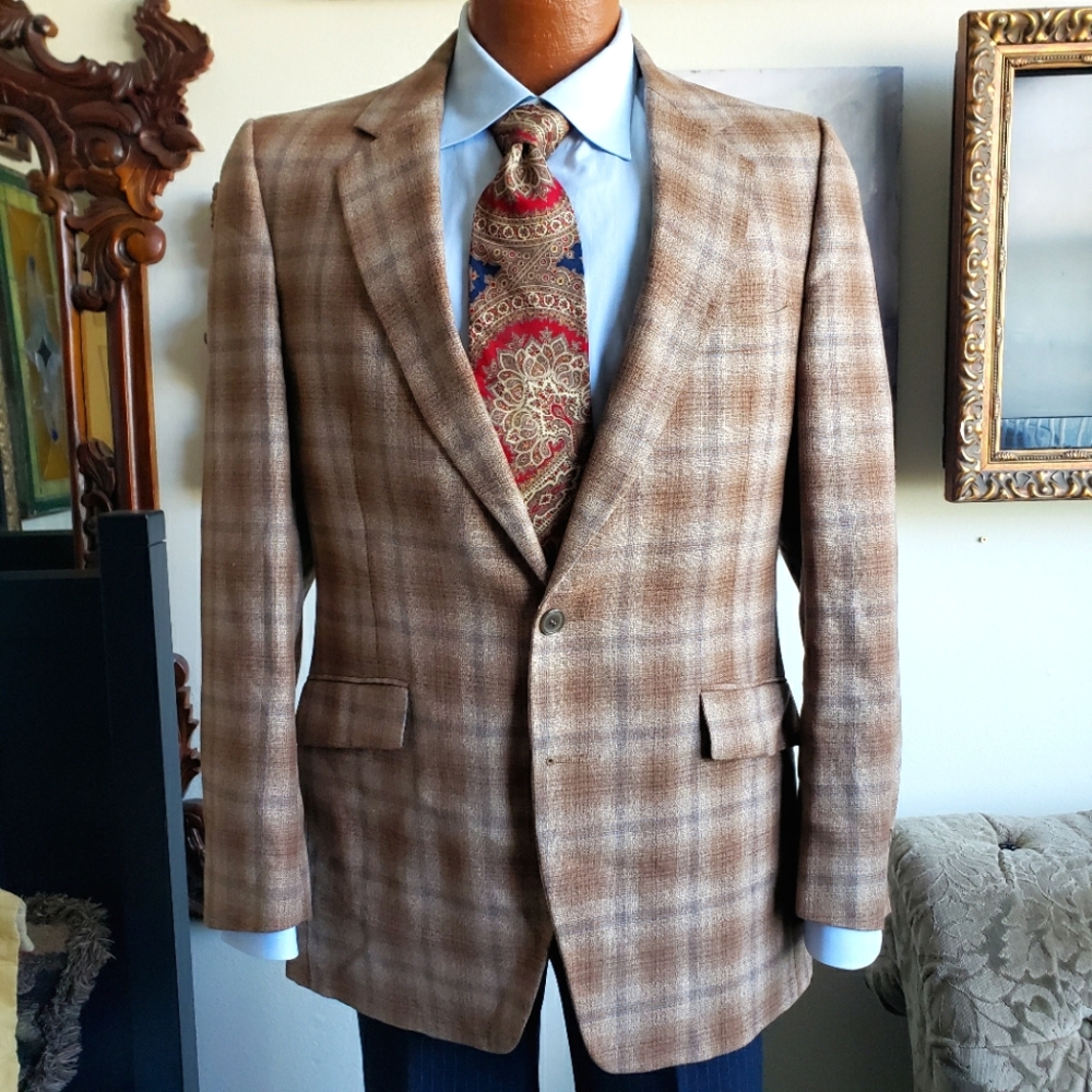 42R Hardy Amies Windowpane Plaid Tan Jacket